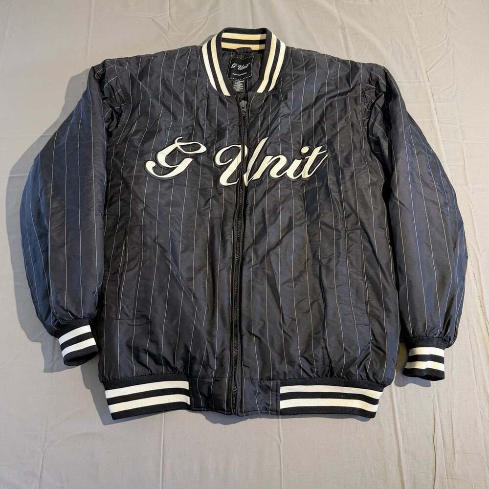 G Unit Pinstripe Bomber Jacket Size L Black Hip Hop Y2K 50 Cent